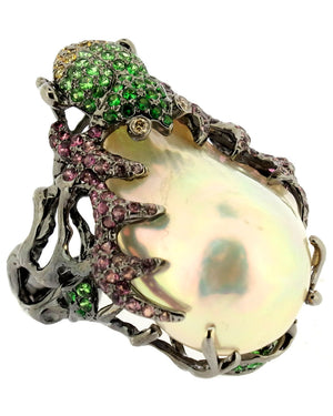 Pearl and Tsavorite Frog Ring