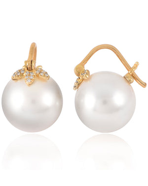 Yellow Gold and White Pearl Triple Leaf Earrings