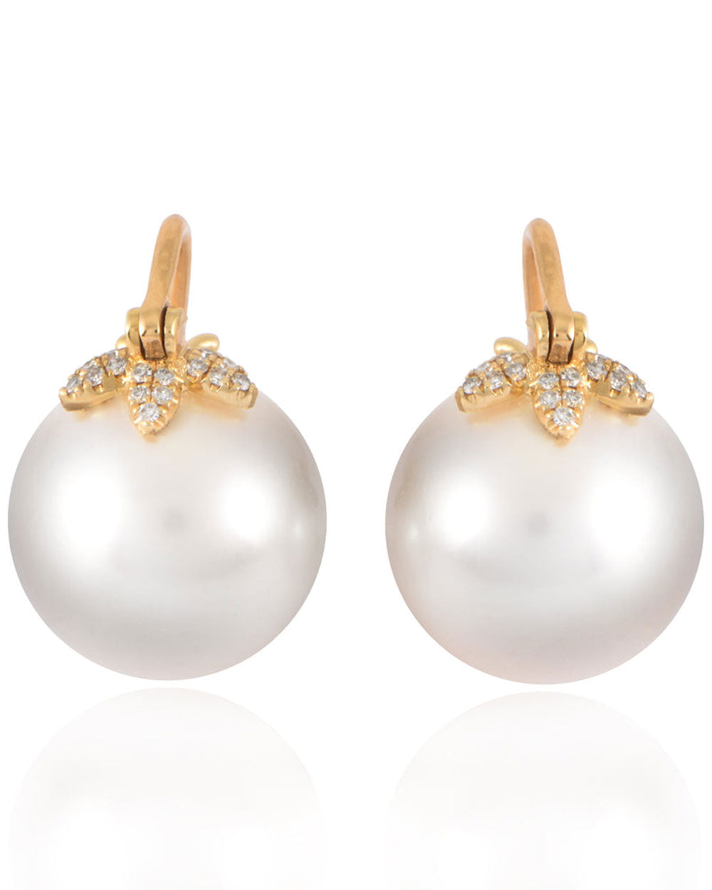 Yellow Gold and White Pearl Triple Leaf Earrings