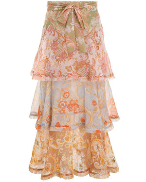 Multi Swirl Floral Tiered Flounce Midi Skirt