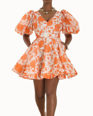 Orange Floral Puff Sleeve Mini Dress