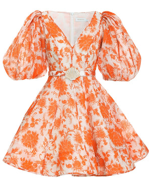 Orange Floral Puff Sleeve Mini Dress