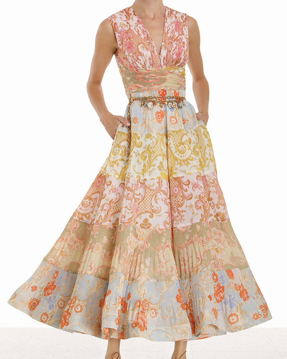 Spliced Floral Postcard Pleated Midi Dress