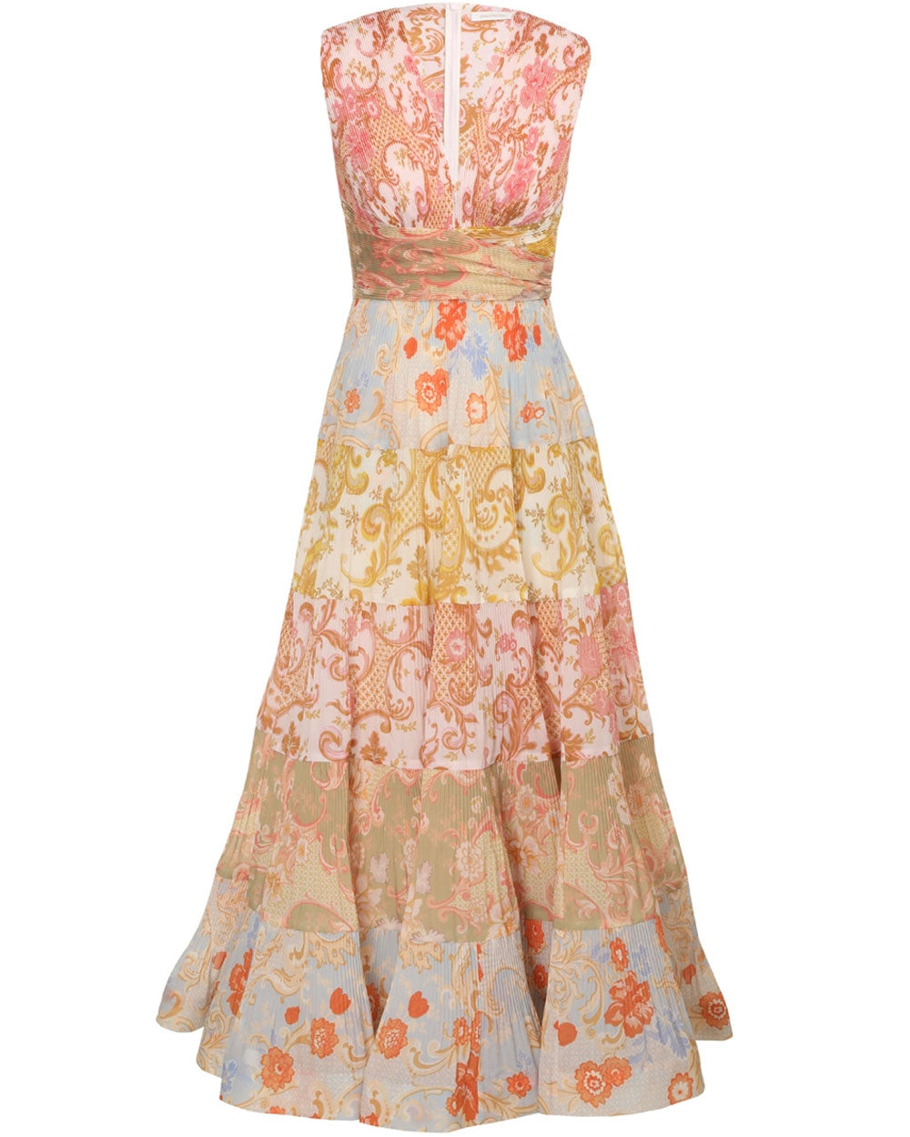 Spliced Floral Postcard Pleated Midi Dress