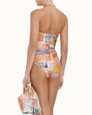 Spliced Patch Paisley Belted Anneke One Piece Swimsuit