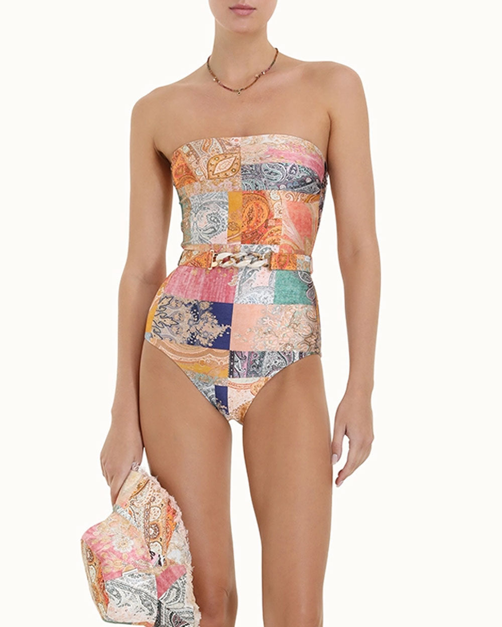 Spliced Patch Paisley Belted Anneke One Piece Swimsuit