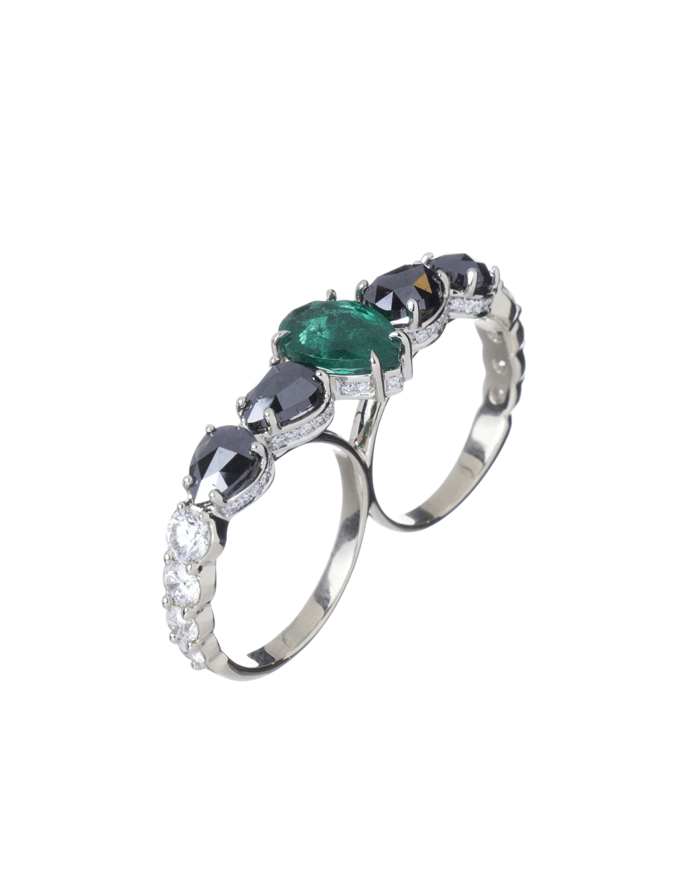 Emerald, Black, and White Diamond Double Finger Ring