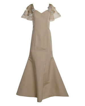 Beige Silk Faille Floral Appliqued Fit and Flare with Petal Train