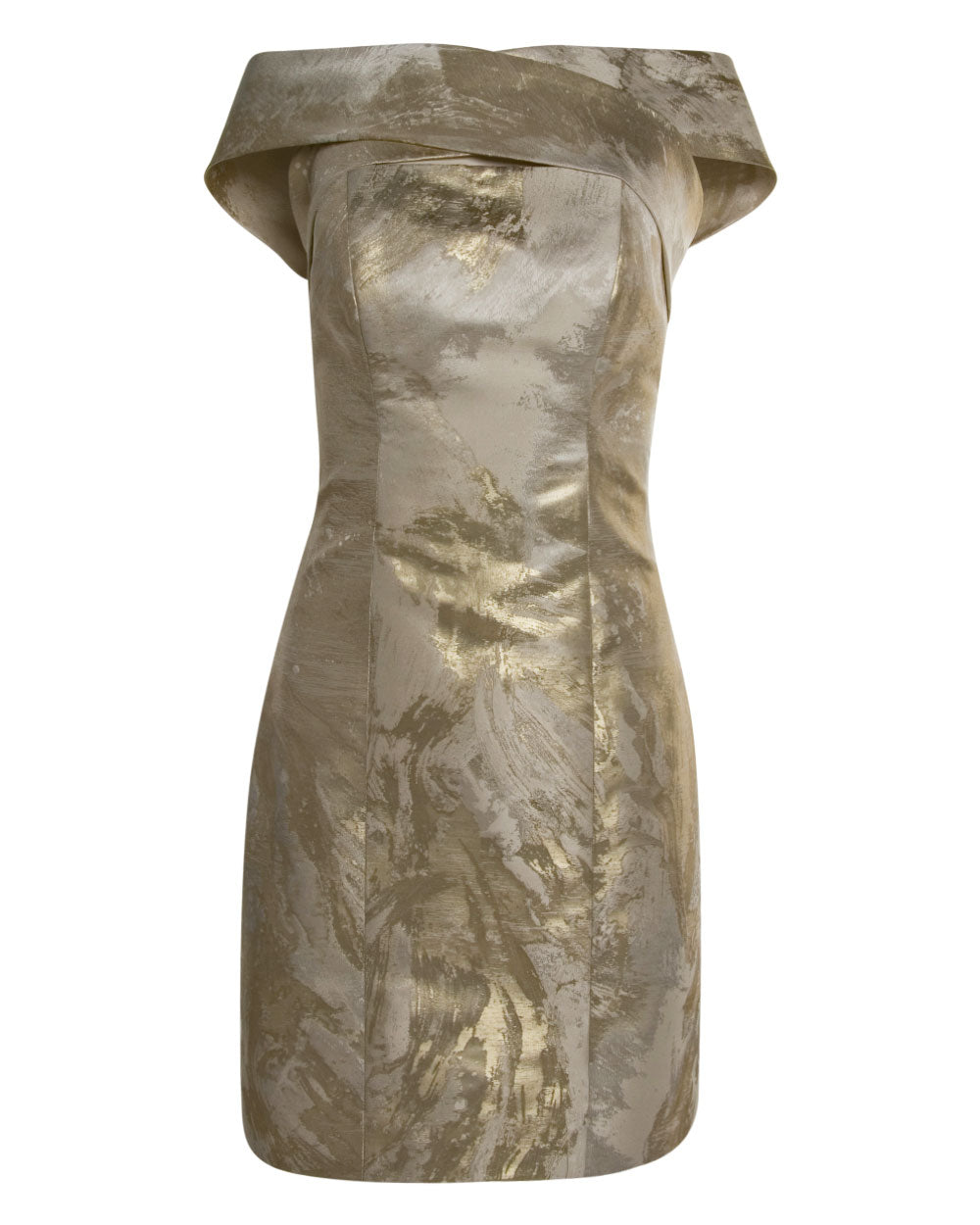 Gold Painted Metallic Italian Jacquard Criss-cross Off the Shoulder Cocktail