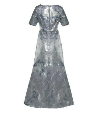 Light Blue Painted Metallic Italian Jacquard Square Neck Hi Low Gown