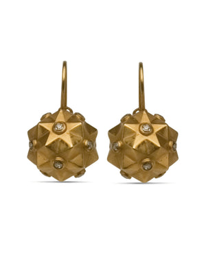 18k Hollow Yellow Gold Satin Finish Star Ball Earrings with Diamonds