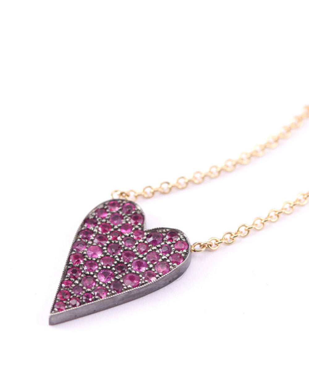 18K Yellow Gold and Sterling Silver Ruby Heart Ten Table Pendant Necklace