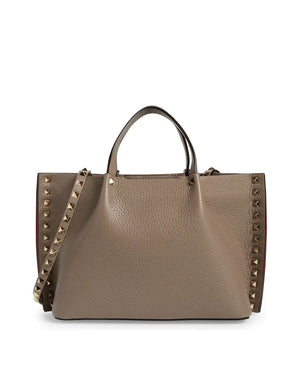 Rockstud Small East-West Leather Tote Bag in Moon Taupe